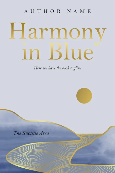 Inspirational fiction book cover featuring soft blue waves and a golden sun with the title "Harmony in Blue."