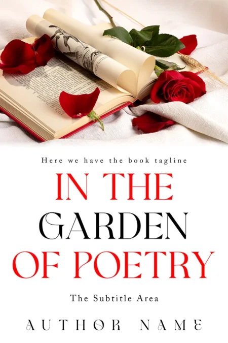 Poetry collection book cover featuring an open book with red roses and the title "In the Garden of Poetry."