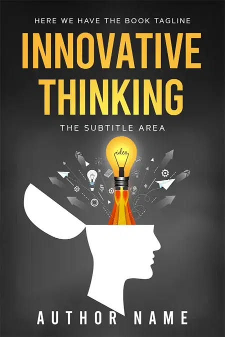 Business book cover design titled "Innovative Thinking" with an illustration of a light bulb emerging from a silhouette head.