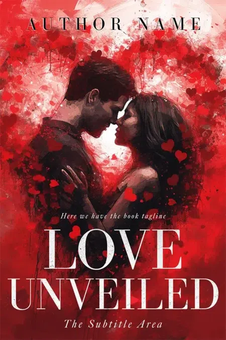 Romantic "Love Unveiled" book cover featuring a couple in a passionate embrace surrounded by a sea of red hearts.