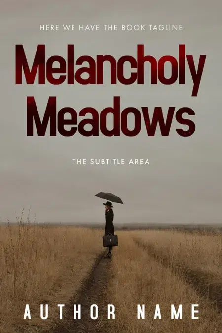 Book cover of "Melancholy Meadows" showing a lone figure walking through a barren field with an umbrella and briefcase.