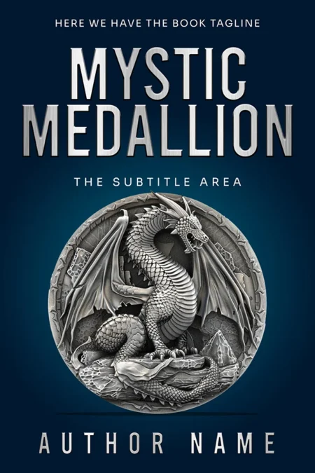 Fantasy epic book cover featuring a detailed medallion with a dragon design against a dark blue background with the title "Mystic Medallion."