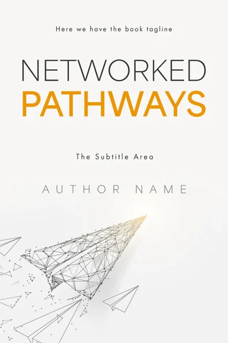 Tech book cover design titled "Networked Pathways" with an illustration of paper planes forming a digital network.