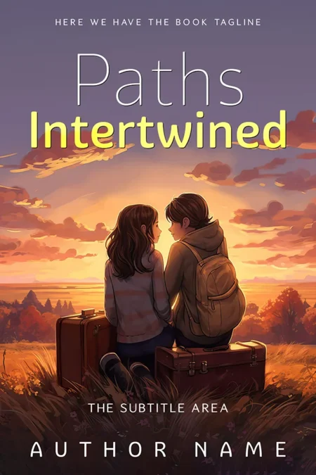 Young adult romance book cover featuring a couple sitting together with suitcases at sunset, with the title "Paths Intertwined."