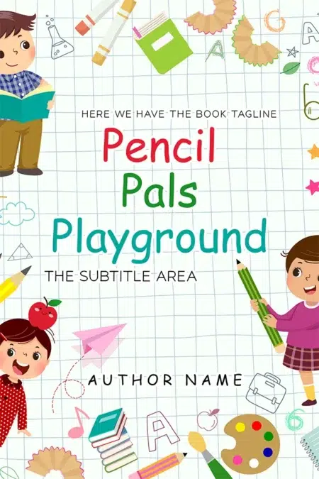 Playful "Pencil Pals Playground" book cover featuring children with pencils and art supplies on a colorful background.