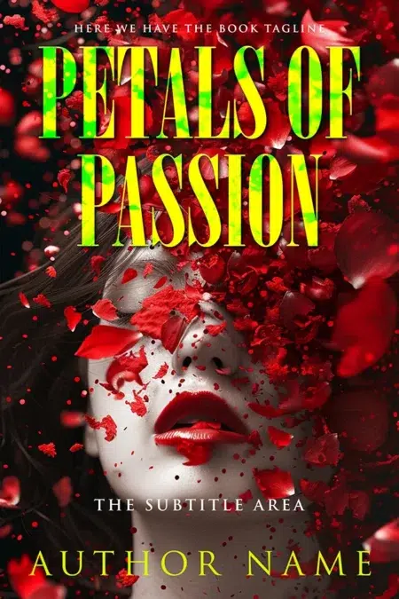 A book cover featuring the title "Petals of Passion" with a woman's face surrounded by vibrant red petals.