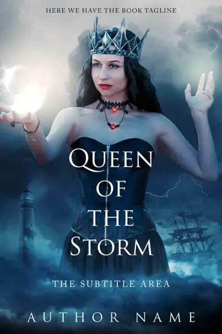 Fantasy book cover featuring a sorceress with a crown, conjuring a stormy sea with a lighthouse and ship in the background