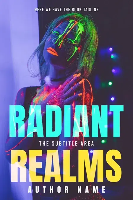 Neon fantasy book cover featuring a woman with glowing paint and vibrant colors