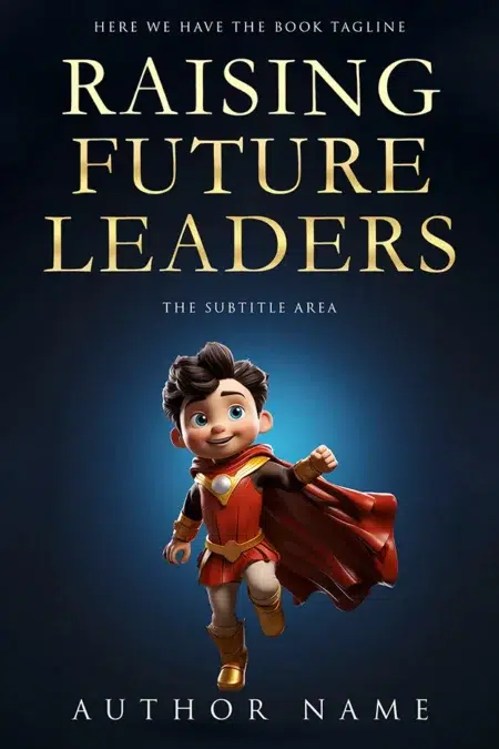 A book cover featuring the title "Raising Future Leaders" with an animated child in a superhero costume.