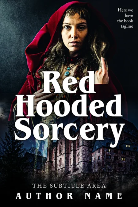 Dark fantasy book cover featuring a woman in a red hood with a gothic castle in the background