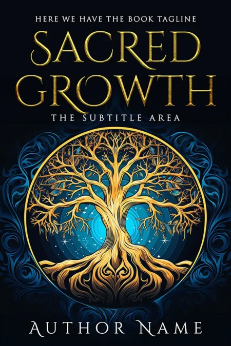 Fantasy spiritual book cover featuring a golden tree with intricate roots and branches against a dark blue background with the title "Sacred Growth."