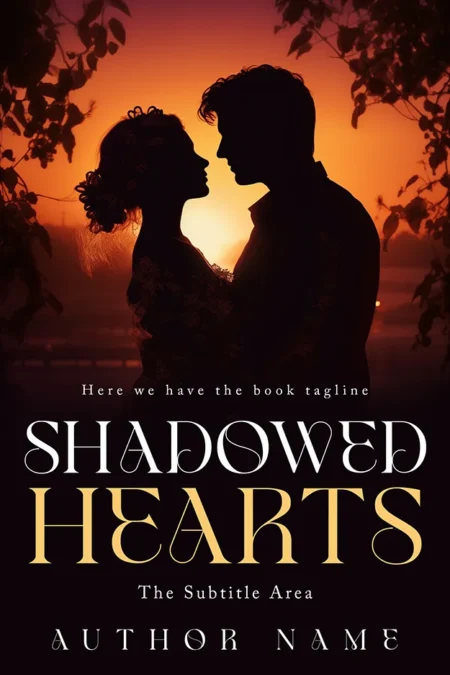 Historical romance book cover featuring a silhouetted couple embracing against a sunset with the title "Shadowed Hearts."