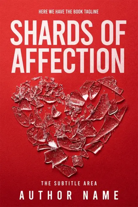Romance book cover design titled "Shards of Affection" with an illustration of a shattered heart.