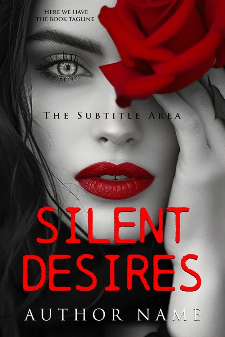 A woman with red lips and a rose, representing the "Silent Desires" book cover.