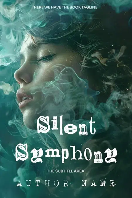 A book cover featuring the title "Silent Symphony" with a serene woman's face surrounded by ethereal, swirling mist.