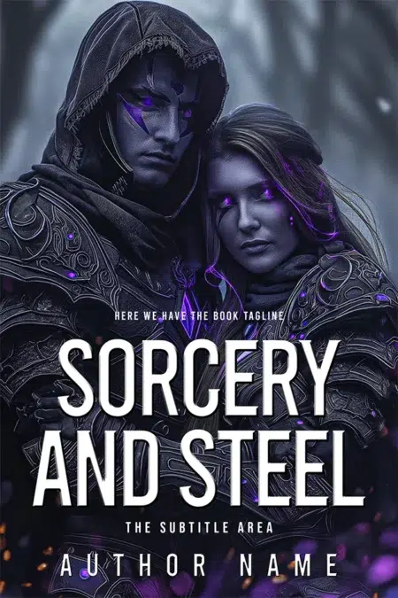 Book cover of "Sorcery and Steel" featuring two armored figures with glowing purple eyes.