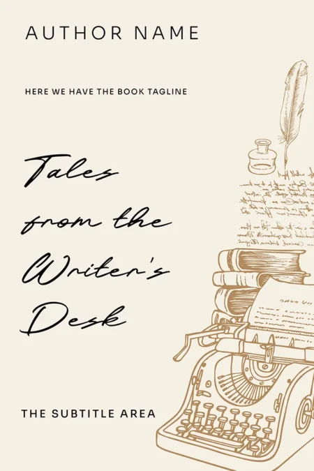 Writer's memoir book cover featuring a typewriter and stacked books with a quill and ink bottle against a beige background with the title "Tales from the Writer's Desk."