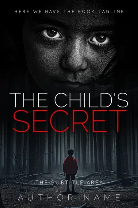 Mystery thriller book cover featuring a child in a red coat standing in a dark forest with a shadowy face above