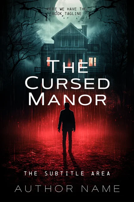 Horror mystery book cover featuring a silhouette of a person standing in front of a haunted manor with a red glow, with the title "The Cursed Manor."