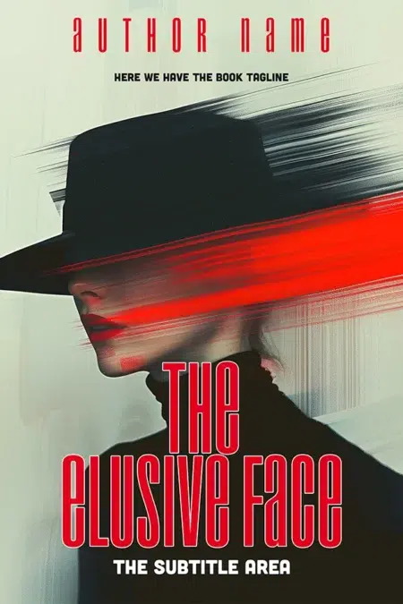 Book cover of "The Elusive Face" featuring a mysterious figure in a hat with a blurred red streak obscuring their face.