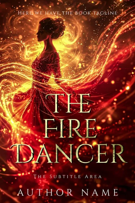 Fantasy romance book cover featuring a woman in a fiery red dress dancing amidst flames with the title "The Fire Dancer."