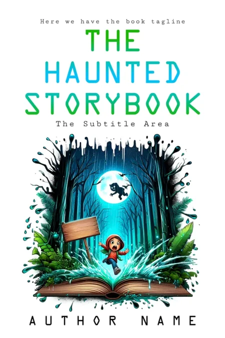 Children's fantasy book cover featuring an open book with magical elements and a spooky forest with the title "The Haunted Storybook."