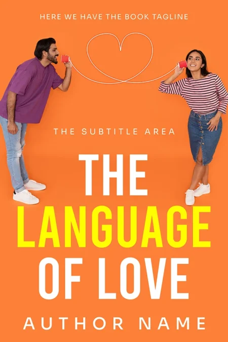 Relationship advice book cover featuring a couple communicating with tin can telephones on an orange background with the title "The Language of Love."