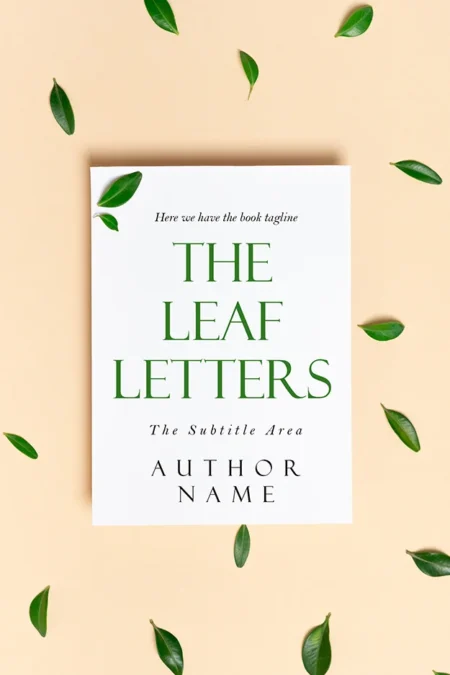 Nature-inspired fiction book cover featuring a book with green leaves on a beige background with the title "The Leaf Letters."