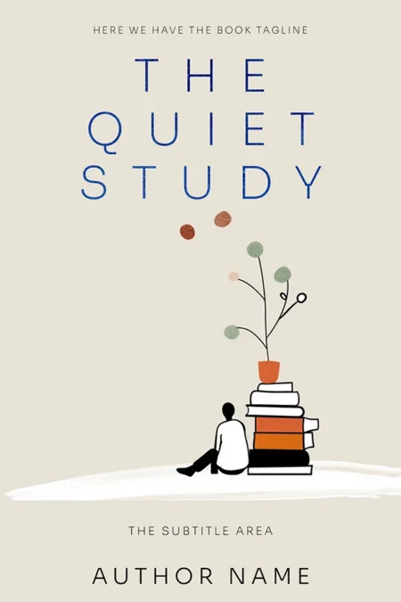 A book cover featuring the title "The Quiet Study" with a minimalist illustration of a person sitting next to a stack of books and a potted plant.