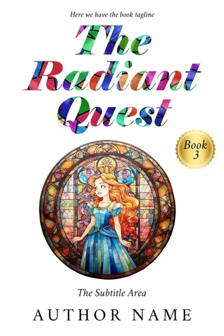 A vibrant fantasy book cover featuring a young woman with flowing red hair in front of a colorful, stained-glass background.