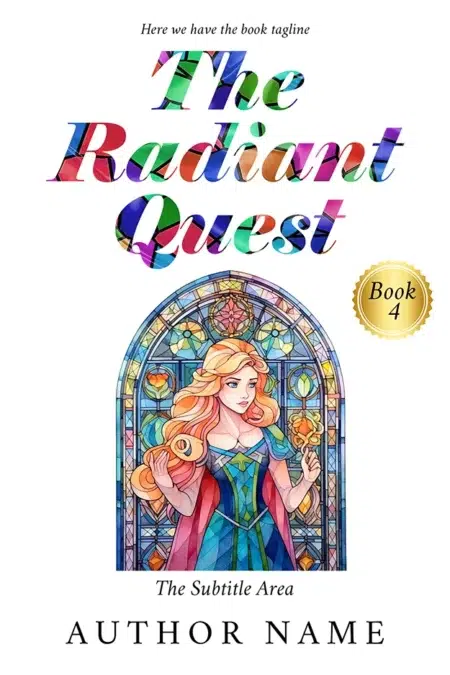 A vibrant fantasy book cover featuring a young woman with flowing red hair in front of a colorful, stained-glass background.