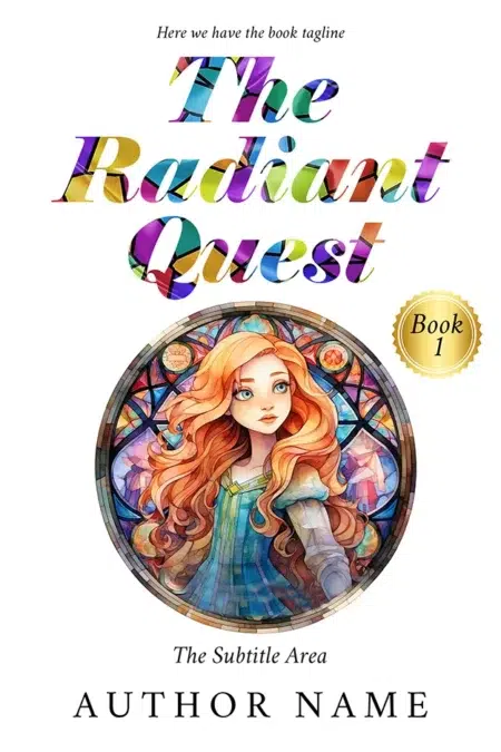 A vibrant fantasy book cover featuring a young woman with flowing red hair in front of a colorful, stained-glass background.