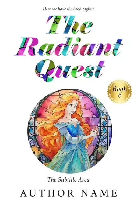 A vibrant fantasy book cover featuring a young woman with flowing red hair in front of a colorful, stained-glass background.