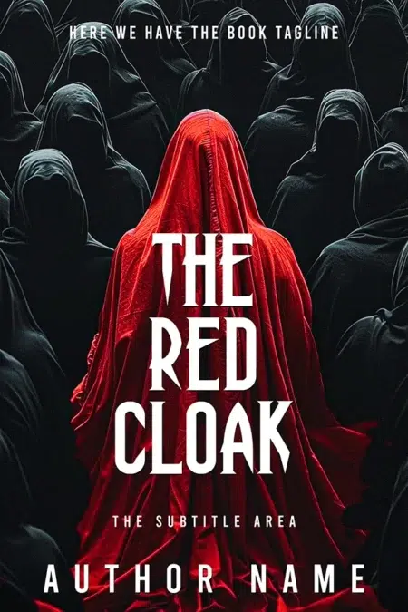 A dark fantasy book cover titled "The Red Cloak" featuring a figure in a red cloak surrounded by shadows.