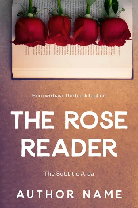 Romantic book cover design featuring three red roses on an open book with the title "The Rose Reader"