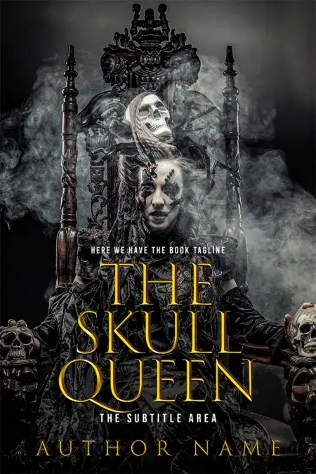 Book cover of "The Skull Queen" featuring a woman on a throne with skulls and smoke.