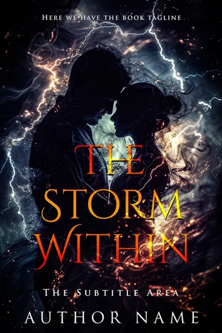 A dramatic silhouette of a couple embracing amid swirling lightning and dark clouds, representing "The Storm Within" book cover.