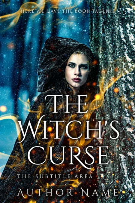 Fantasy adventure book cover featuring a woman in a dark cloak against a magical forest background with the title "The Witch's Curse."