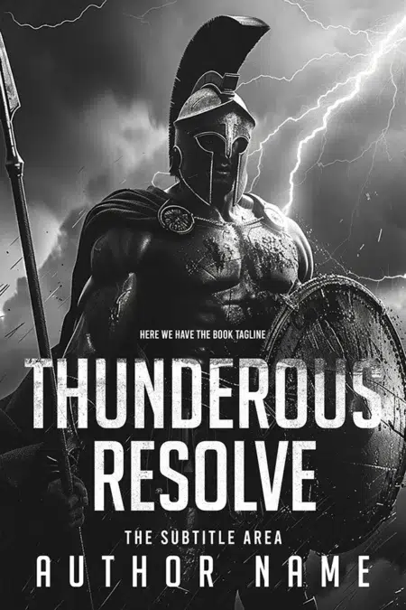 Book cover of "Thunderous Resolve" featuring a powerful warrior in armor, holding a shield and spear, with lightning striking in the background.