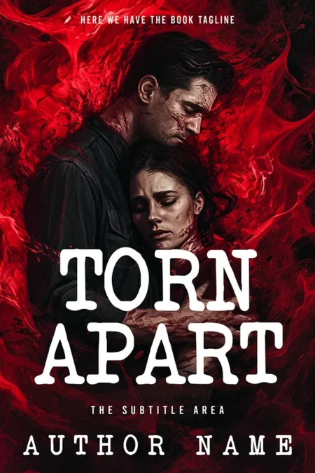 Emotional drama book cover featuring a couple embracing against a red background with swirling smoke and the title "Torn Apart."