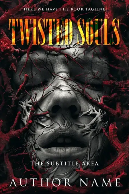 A book cover featuring the title "Twisted Souls" with a haunting image of a face entangled in red, gnarled branches.