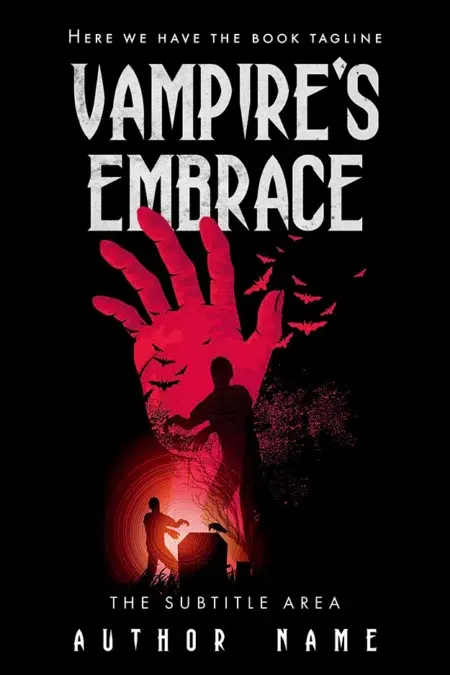 A vampire-themed book cover titled "Vampire's Embrace" featuring a red hand and bats.