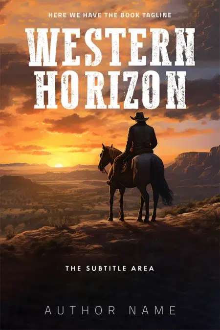 Book cover of "Western Horizon" featuring a cowboy on horseback overlooking a sunset landscape.