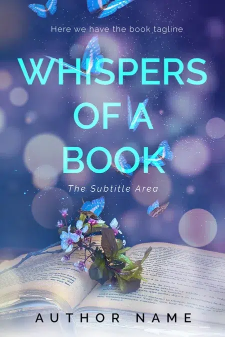 A captivating book cover titled "Whispers of a Book" featuring blue butterflies and blooming flowers on an open book.