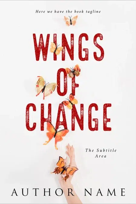 Inspirational book cover design titled "Wings of Change" with an illustration of butterflies in flight.