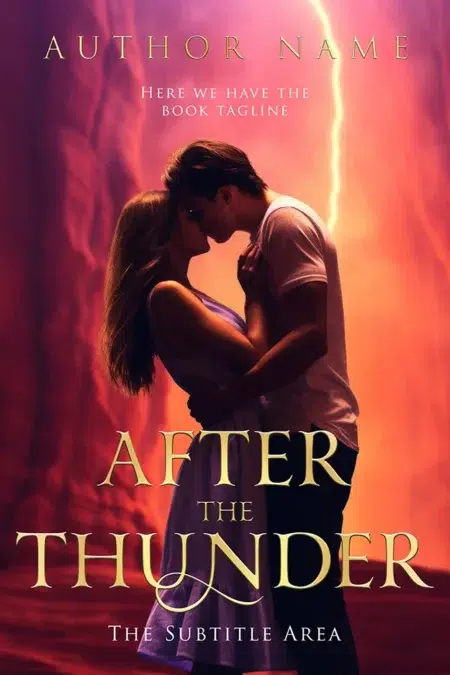 A couple embracing passionately under a glowing sky with lightning in the background, capturing the romantic tension of a thunderstorm.