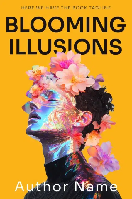 Blooming Illusions book cover featuring a surreal image of a reflective human head with vibrant flowers blooming from it, set against a bold yellow background.