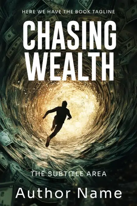 Chasing Wealth book cover featuring a silhouette of a man running toward a glowing vortex made of money, symbolizing the pursuit of wealth.