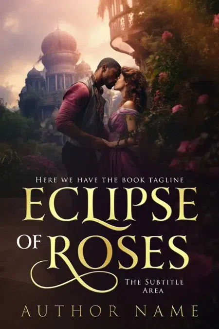 A couple in a romantic embrace in an enchanted garden, with a mystical castle in the background, capturing the essence of a fantasy romance.