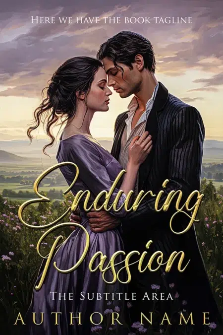 A romantic book cover featuring a passionate embrace between a couple set against a scenic countryside backdrop at sunset.